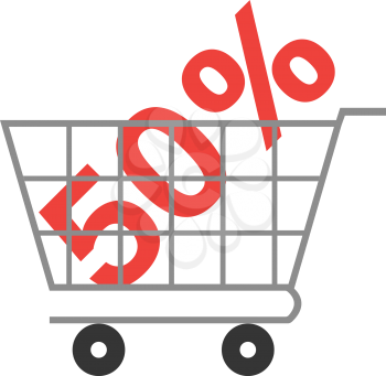 Vector red 50 percent symbol inside grey shopping cart.