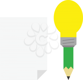 Vector green pencil with yellow light bulb tip with blank paper.