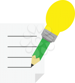 Vector green pencil with yellow light bulb tip drawing lines on paper.