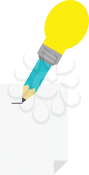 Vector turquoise pencil with yellow light bulb tip drawing line on paper.