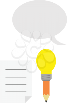 Vector orange pencil with yellow light bulb tip with lined paper and grey speech bubble.