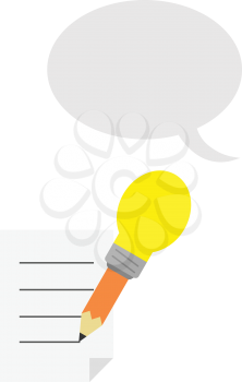 Vector orange pencil with yellow light bulb tip with lined paper and grey speech bubble.