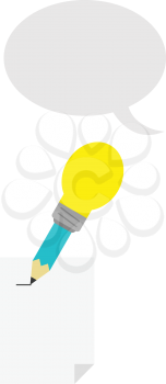 Vector turquoise pencil with yellow light bulb tip with lined paper and grey speech bubble.