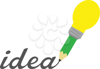 Vector green yellow light bulb-tipped pencil writing word idea.
