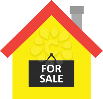 Vector red roofed yellow house icon with black for sale sign.