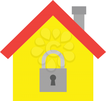 Vector red roofed yellow house icon with closed grey lock symbol