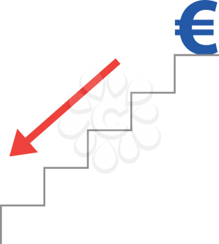 Vector grey stairs with blue euro symbol on top and red arrow moving down.