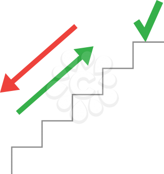 Vector grey line stairs with arrows pointing up, down and green check mark on top.