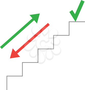 Vector grey line stairs with arrows pointing up, down and green check mark on top.