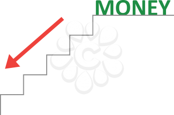 Vector grey line stairs with arrow pointing down and green money text on top.
