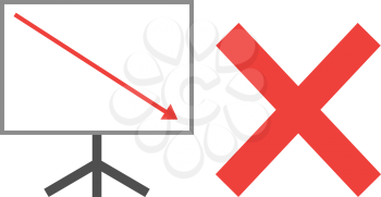Vector white board with red x mark and red arrow pointing down.