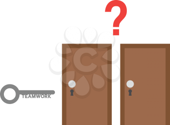 Vector grey teamwork key with two brown doors and red question mark.
