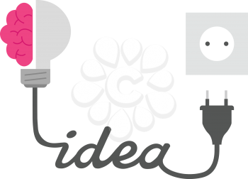 Vector pink brain and grey light bulb with text idea and unplugged.