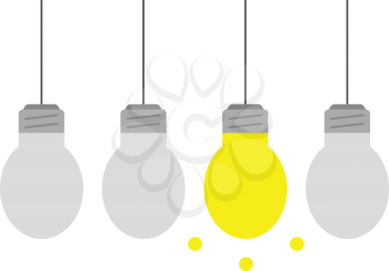 Vector hanging three grey, one yellow light bulbs.
