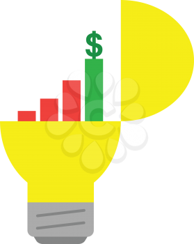 Vector open yellow light bulb with business chart and dollar on top.