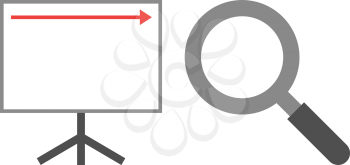 Vector white board with red arrow pointing right up and magnifying glass.