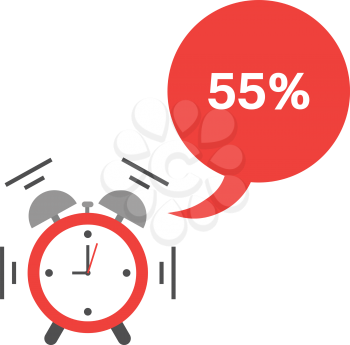 Vector of an alarm clock shaking and ringing with speech bubble and 55 percent.