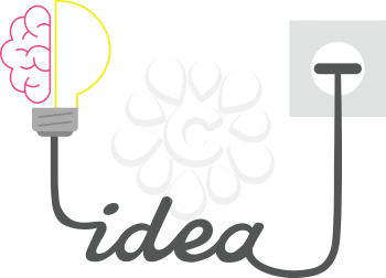 Vector pink brain and yellow light bulb with idea text plugged.