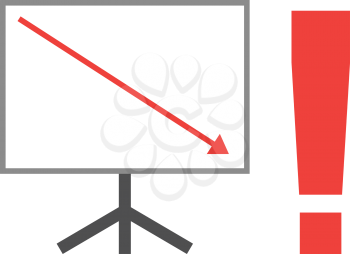 Vector white board with red exclamation mark and red arrow pointing down.