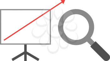 Vector white board with red arrow pointing way up and magnifying glass.
