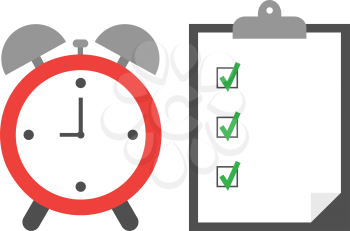 Vector of an alarm clock with clipboard and paper include boxes and green check marks.