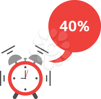 Vector of an alarm clock shaking and ringing with speech bubble and 40 percent.