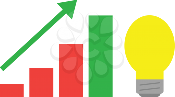 Vector red and green bar chart with yellow light bulb and arrow pointing up.