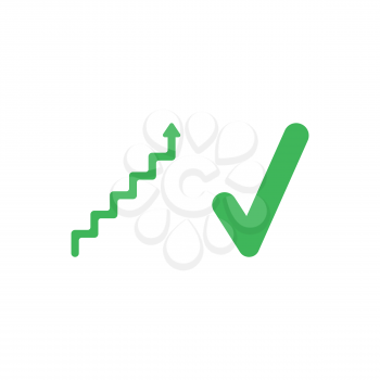 Flat design style vector illustration concept of green stairs with arrow pointing up and green check mark symbol icon on white background.