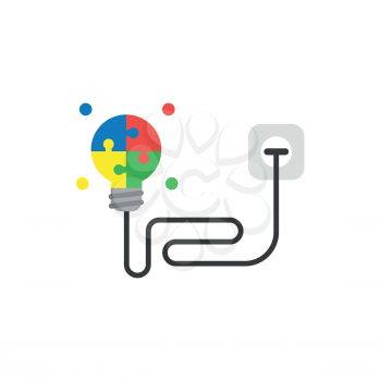 Flat design style vector illustration concept of glowing four part blue, red, yellow and green puzzle light bulb symbol icon with black wire or cable plugged into outlet on white background.