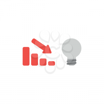 Flat design style vector illustration concept of red sales bar chart symbol icon with arrow pointing down and grey light bulb symbolizes bad idea on white background.