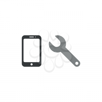Flat design style vector illustration concept of repair black smartphone with grey spanner symbol icon on white background.