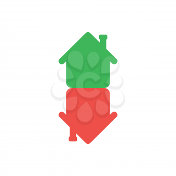 Flat design style vector illustration concept of green and red color two houses symbol icon in an arrow shape moving or pointing up and down on white background.