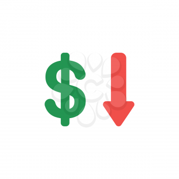Vector illustration concept of green dollar symbol with red arrow pointing down icon on white background with flat design style.
