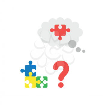 Vector illustration puzzle icon concept with red question mark and blue, yellow, green and missing piece of red puzzle in grey thought bubble on white background with flat design style.