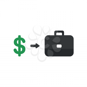 Flat design style vector illustration concept of green dollar symbol with an arrow pointing black briefcase icon on white background.