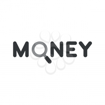 Flat design style vector illustration concept of black money text with grey and black magnifying glass or magnifier symbol icon on white background.