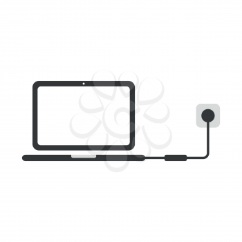 Flat design style vector illustration concept of black laptop computer symbol icon charging with charger, pulg and outlet on white background.