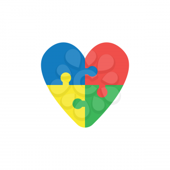 Flat design style vector illustration concept of heart-shaped blue, red, yellow and green jigsaw puzzle pieces symbol icons connected on white background.