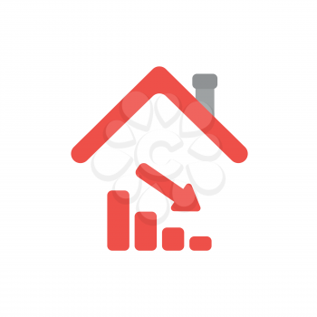 Vector illustration icon concept of sales bar graph moving down under house roof.