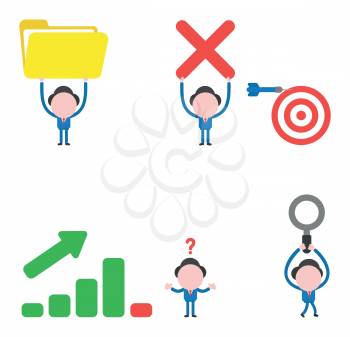 Vector illustration set of businessman mascot character holding up open file folder, x mark and bulls eye with dart miss the target, with sales bar graph moving up and down, walking and carrying magnifying glass.