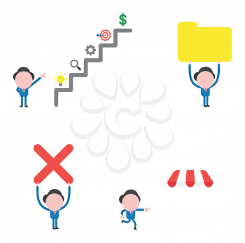 Vector illustration set of businessman mascot character showing top of stairs, ligt bulb, magnifier, gear, bulls eye and dollar, holding up file folder and x mark and running, pointing shop store awning.