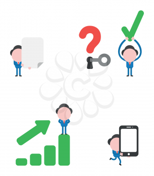 Vector illustration set of businessman mascot character holding blank paper, unlock question mark and holding up check mark, on top of sales bar graph and carrying smartphone.