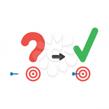 Vector illustration icon concept of question mark and check mark with bulls eye and dart in the center.