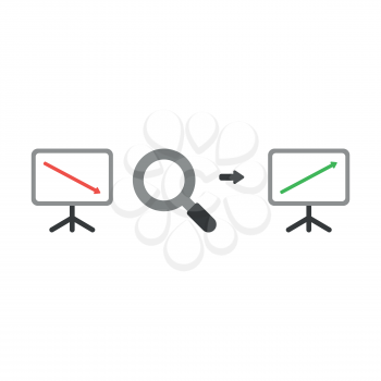 Vector illustration icon concept of sales chart arrow moving down with magnifying glass and moving up.