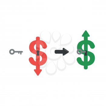 Vector illustration icon concept of dollar arrow moving down with keyhole and key unlock and moving up.