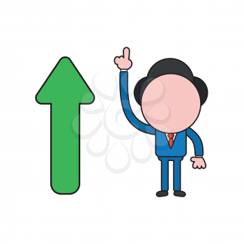 Vector illustration concept of businessman character with arrow pointing up. Color and black outlines.
