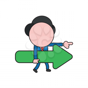 Vector illustration concept of businessman character walking and holding arrow and pointing right. Color and black outlines.