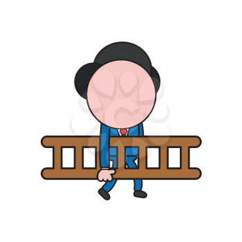 Vector illustration concept of businessman character walking and carrying wooden ladder. Color and black outlines.