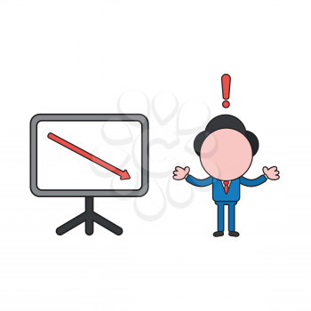 Vector illustration concept of businessman character with sales chart arrow moving down. Color and black outlines.