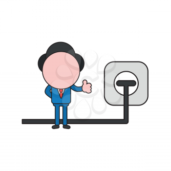 Vector illustration concept of businessman character giving thumbs-up with plug plugged into outlet. Color and black outlines.